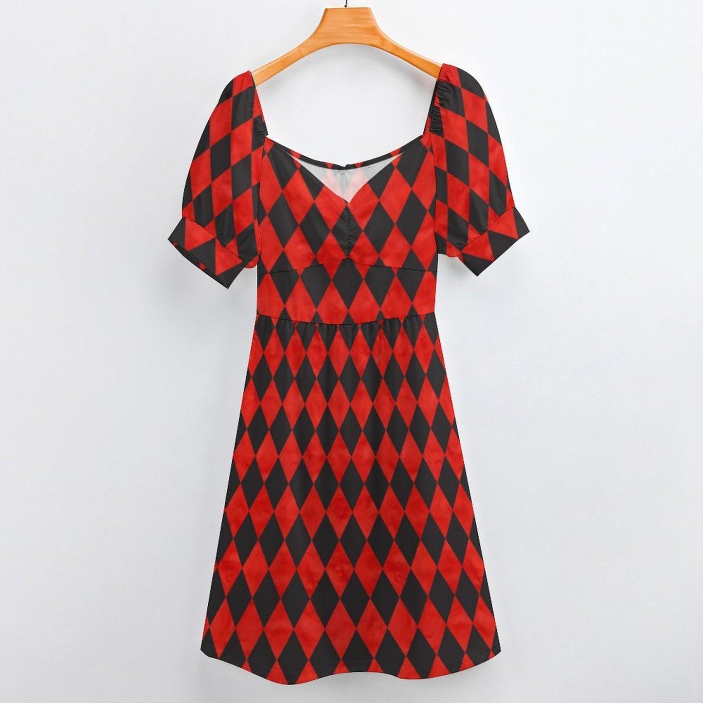 Red harlequin puff sleeve dress, Alice in Wonderland costume, gothic carnival party dress, sweetheart mini fantasy outfit, fairytale style
