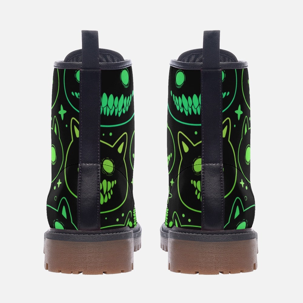 Neon cat combat boots, festival rave lace up shoes, cyber streetwear alternative footwear, glow in the dark inspired statement boots