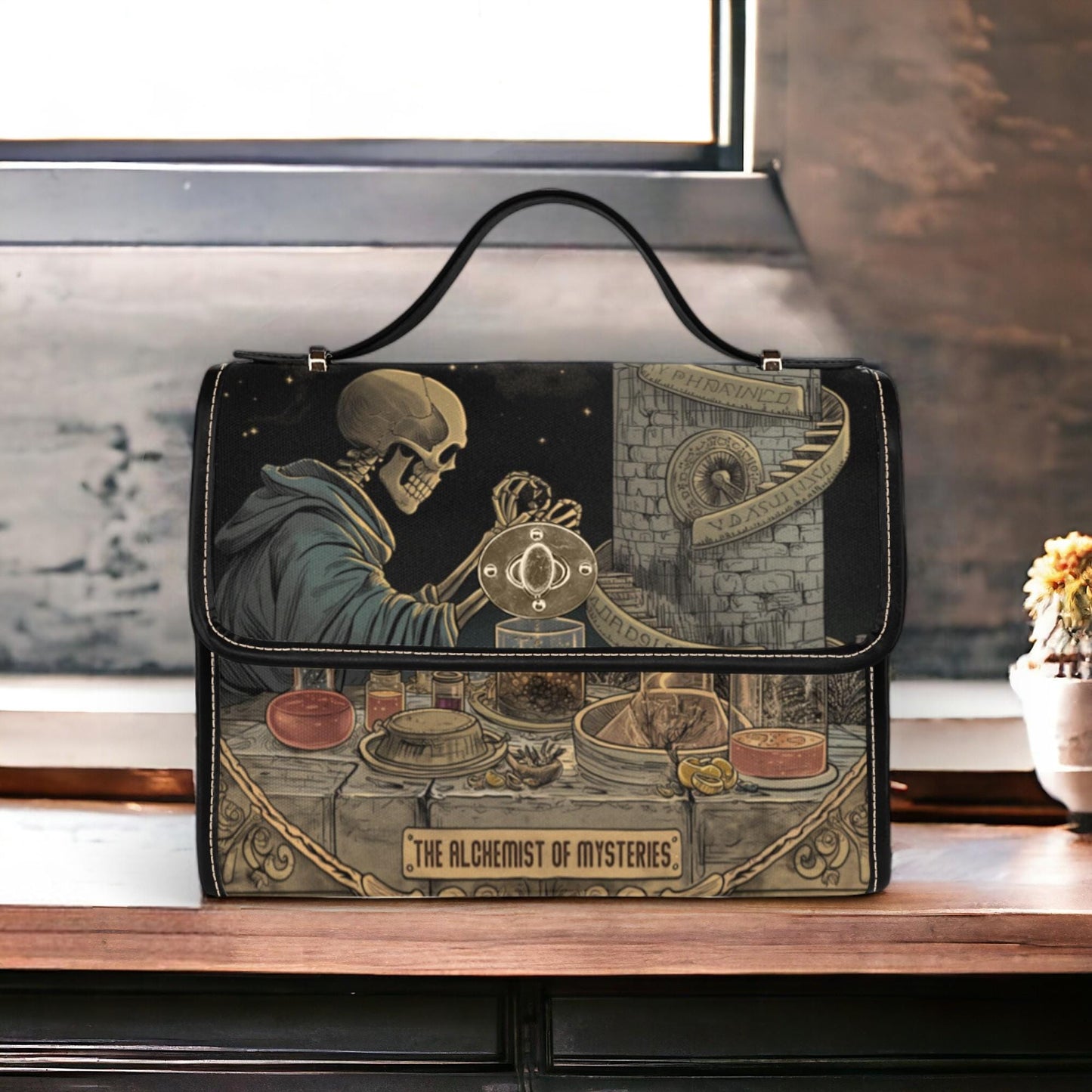 a bag sitting on top of a wooden table