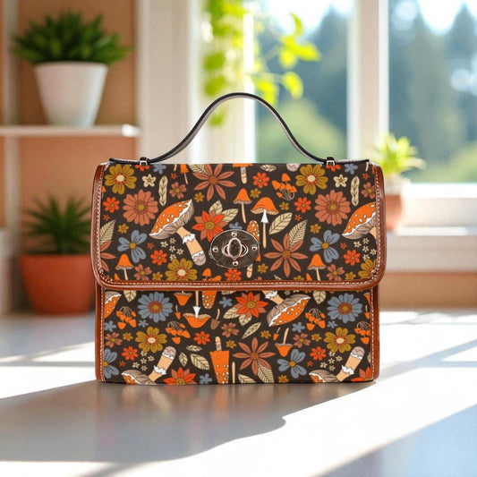 Retro Mushroom Print, Warm Floral Pattern Bag, Autumn Cottagecore Purse, 70s Inspired Crossbody, Forest Witch Style, Cozy Fall Gift Idea