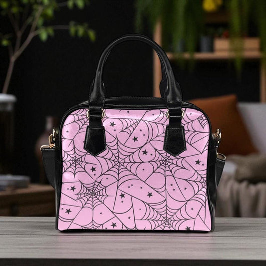 Pink Spiderweb Handbag with Star Pattern, Pastel Goth Purse for Halloween Outfits, Cute Witchy Crossbody Satchel,Kawaii Creepy Aesthetic Bag