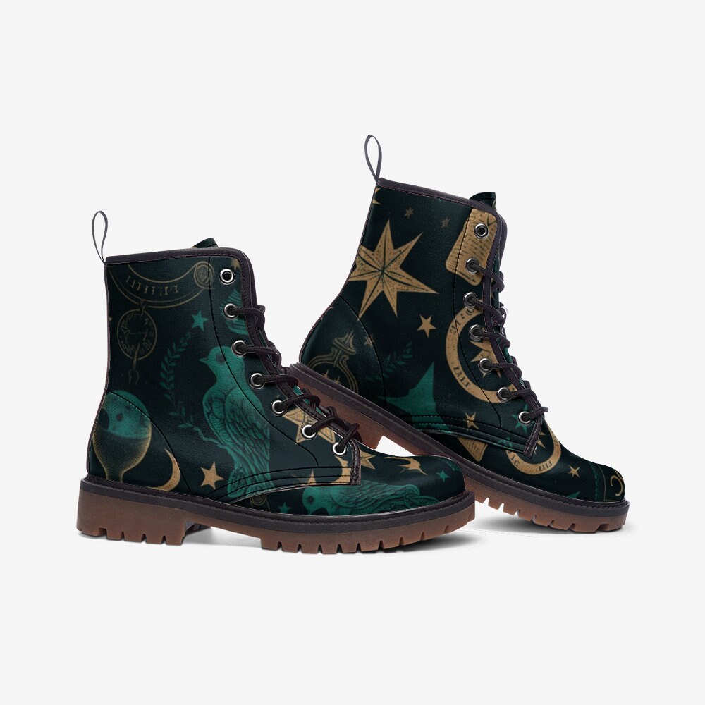 Mystic raven combat boots, enchanted bird lace up shoes, celestial raven footwear, forest night ankle boots, witchy raven festival shoes