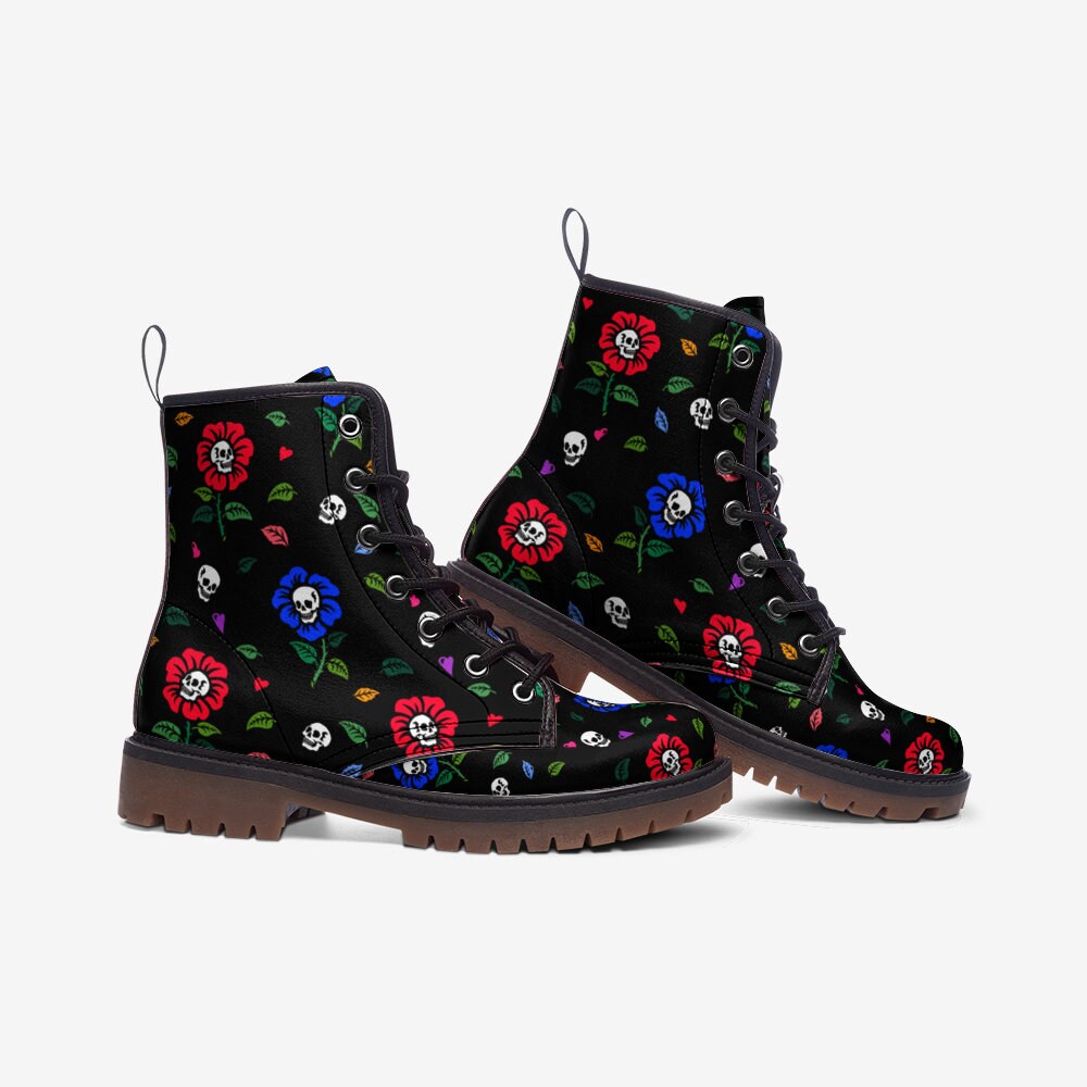 Skull flower print boots, creepy cute festival shoes, dark floral lace ups, punk inspired combat footwear, edgy alternative fashion boots