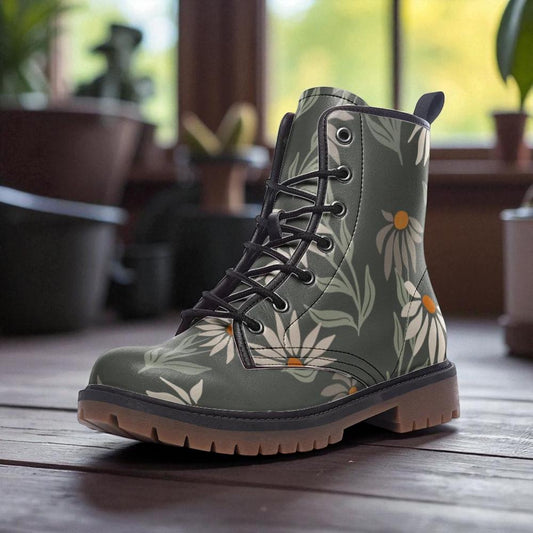 Daisy meadow combat boots, cottagecore floral lace up shoes, whimsical wildflower footwear, enchanted garden ankle boots, festival shoes