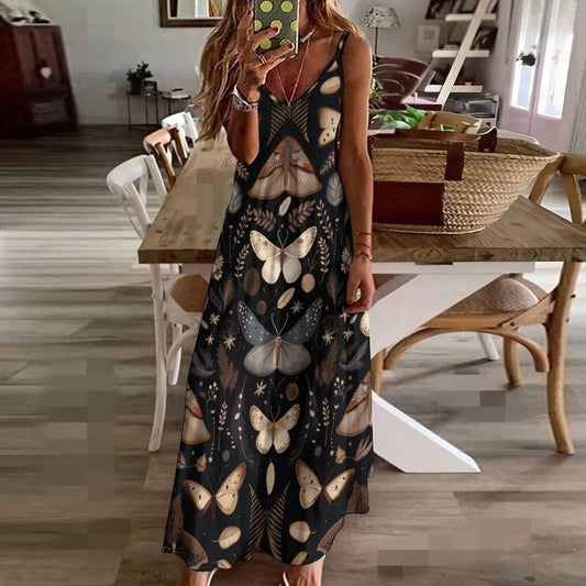 Moth print dress, Dark forest maxi, Vintage insect sundress, Cottagecore moth gown, Mystic pattern outfit, Boho nature style, Witchy dress