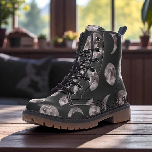 Lunar cycle shoes, dark moon boots, eclipse phase footwear, celestial orbit lace ups, enchanted night shoes, mystical boots, astral footwear