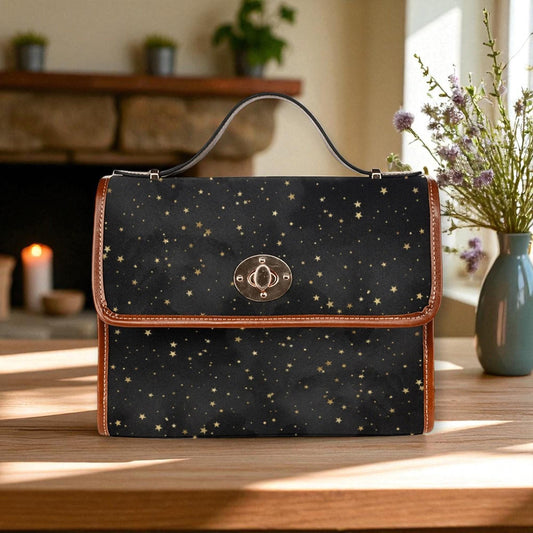 Black Starry Witchcore Shoulder Bag, Celestial Crossbody Purse with Brown Trim, Vintage Goth Satchel for Witches, Cosmic Aesthetic Gift Idea