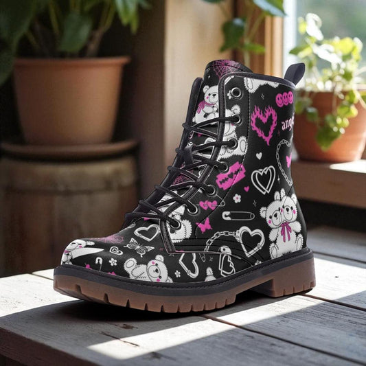 Kawaii bear shoes, pastel heart boots, dreamy pink footwear, retro y2k lace ups, sweet grunge ankle boots, playful emo shoes, toy footwear