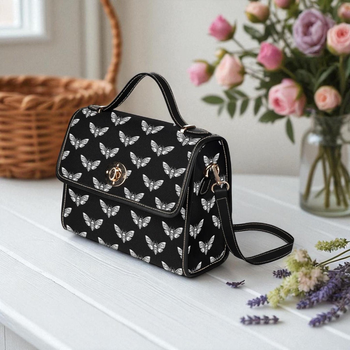 White Moth Print, Dark Goth Aesthetic Bag, Celestial Witch Style, Black Crossbody Purse, Lunar Bug Pattern, Occult Fashion Gift for Her