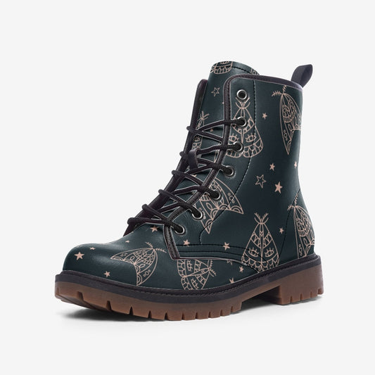 Line art moth boots, celestial insect lace up shoes, mystical night combat boots, starry moth pattern footwear, enchanted moth ankle boots