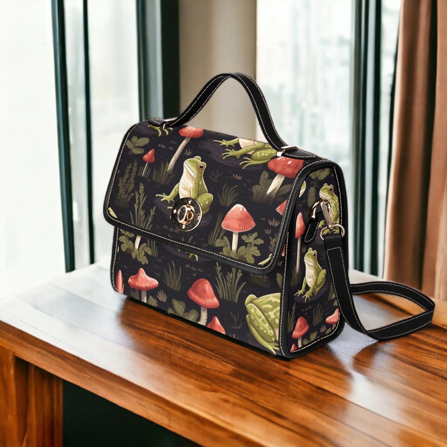 Goblincore frog shoulder bag, forest witch canvas purse, mushroom garden crossbody satchel, alt cryptid aesthetic nature gift idea