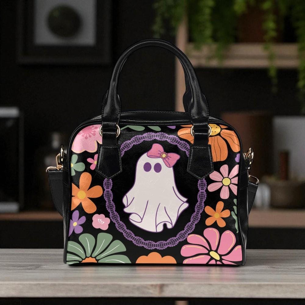 Retro Floral Ghost Bag, Pastel Halloween Satchel, Cute Witchy Purse, Spooky Vintage Handbag, Kawaii Bow Ghost Tote, Haunted Shoulder Bag