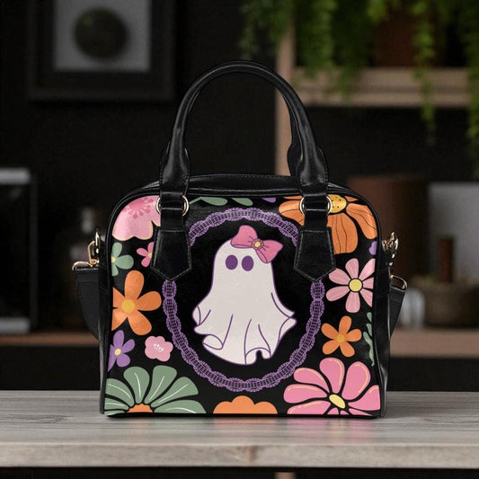 Retro Floral Ghost Bag, Pastel Halloween Satchel, Cute Witchy Purse, Spooky Vintage Handbag, Kawaii Bow Ghost Tote, Haunted Shoulder Bag