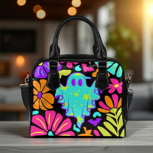 Neon ghost floral purse, psychedelic Halloween handbag, retro spooky satchel, trippy ghost crossbody bag, colorful witchy shoulder purse