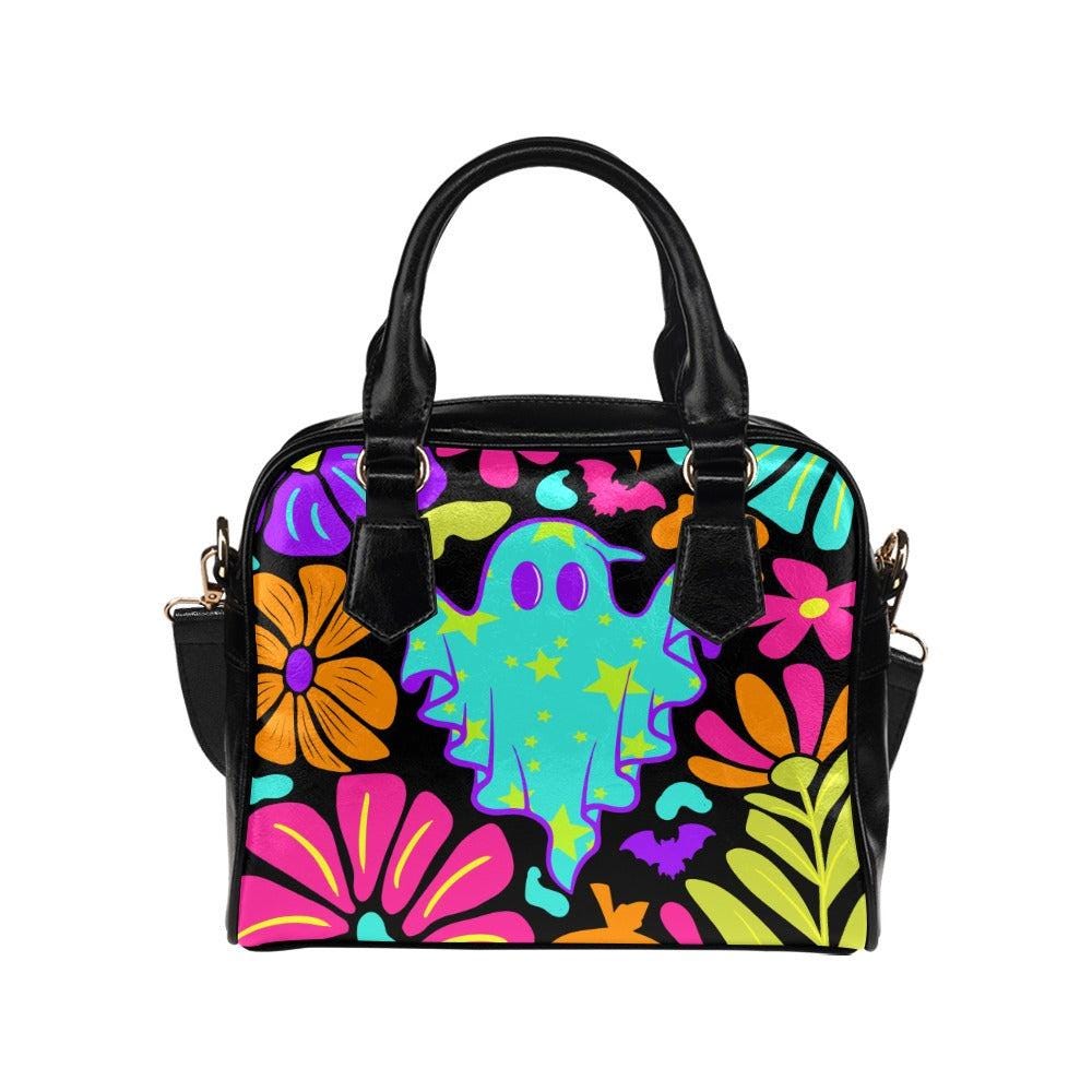 Neon ghost floral purse, psychedelic Halloween handbag, retro spooky satchel, trippy ghost crossbody bag, colorful witchy shoulder purse