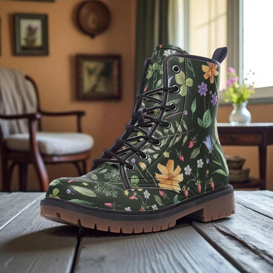 Cottagecore Floral Combat Boots, Dark Fairycore Lace Up Shoes, Witchy Garden Aesthetic Boots, Black Botanical Footwear, Alt Forest Boots