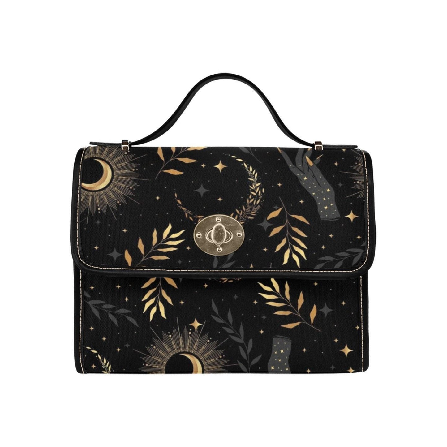 Gold Celestial Print, Witchy Black Purse, Moon Phase Crossbody Bag, Starry Sky Aesthetic, Occult Inspired Style, Dark Cosmic Gift Idea