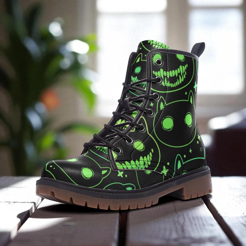 Neon cat combat boots, festival rave lace up shoes, cyber streetwear alternative footwear, glow in the dark inspired statement boots