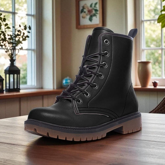 Black Combat Fairycore Boots, Vegan Lace Up Platform Boots for Witches, Gothic Grunge Ankle Booties, Chunky Soft Girl Fall Footwear