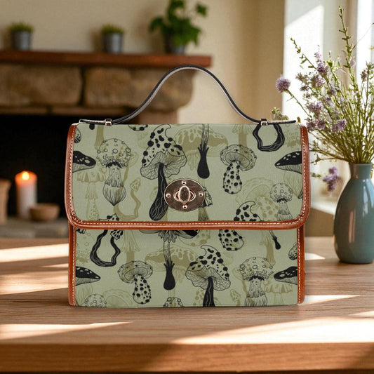 Green Mushroom Cottagecore Shoulder Bag, Witchy Crossbody Purse with Brown Trim, Forestcore Toadstool Satchel, Fairy Gift for Nature Lovers