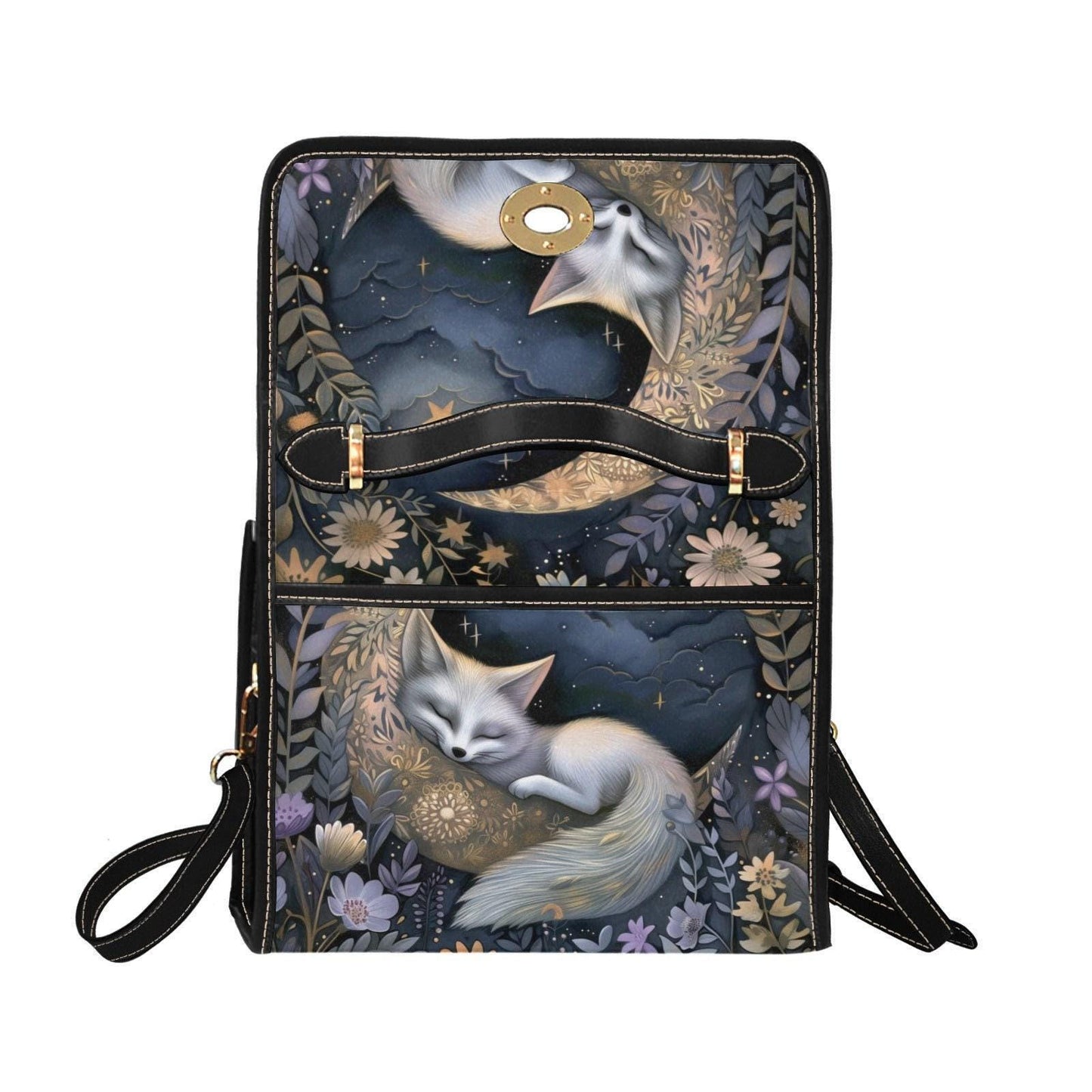 Lunar Witch Shoulder Bag for Women, Celestial Forest Canvas Satchel, Mystical Sleeping Fox Crossbody, Whimsical Alt Girl Gift Idea