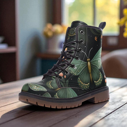 Green moth print boots, enchanted insect lace up shoes, whimsical nature ankle boots, botanical moth footwear, mystical forest combat boots