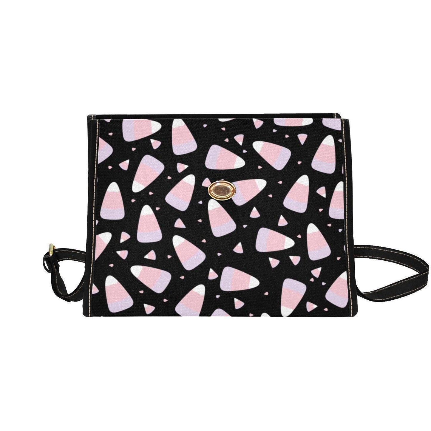 Pastel Candy Corn Purse, Kawaii Halloween Shoulder Bag, Black Cute Goth Handbag with Pink Print, Novelty Witchcore Style,Trick or Treat Tote