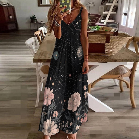 Galactic floral sundress, Starry sky maxi dress with planets, Soft celestial flower gown, Dark cottagecore boho outfit, Spacecore clothing