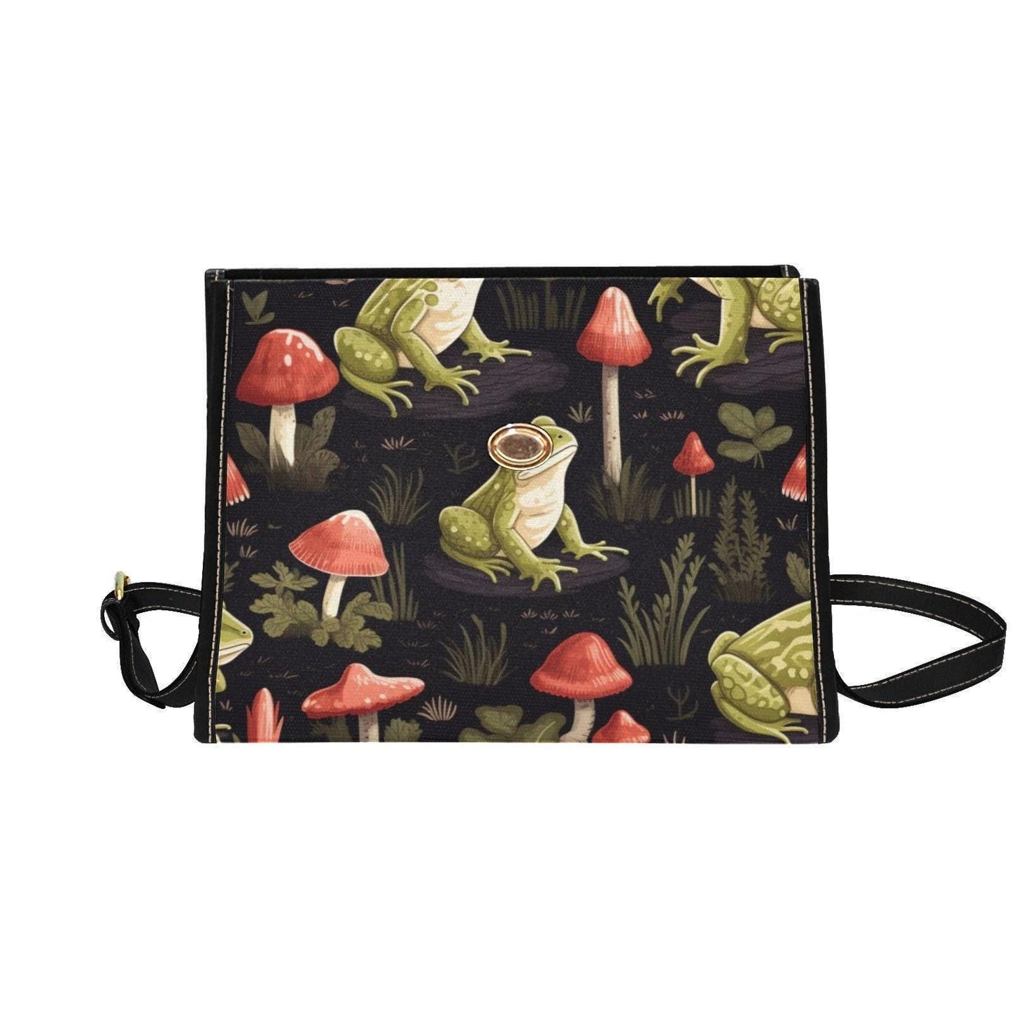 Goblincore frog shoulder bag, forest witch canvas purse, mushroom garden crossbody satchel, alt cryptid aesthetic nature gift idea