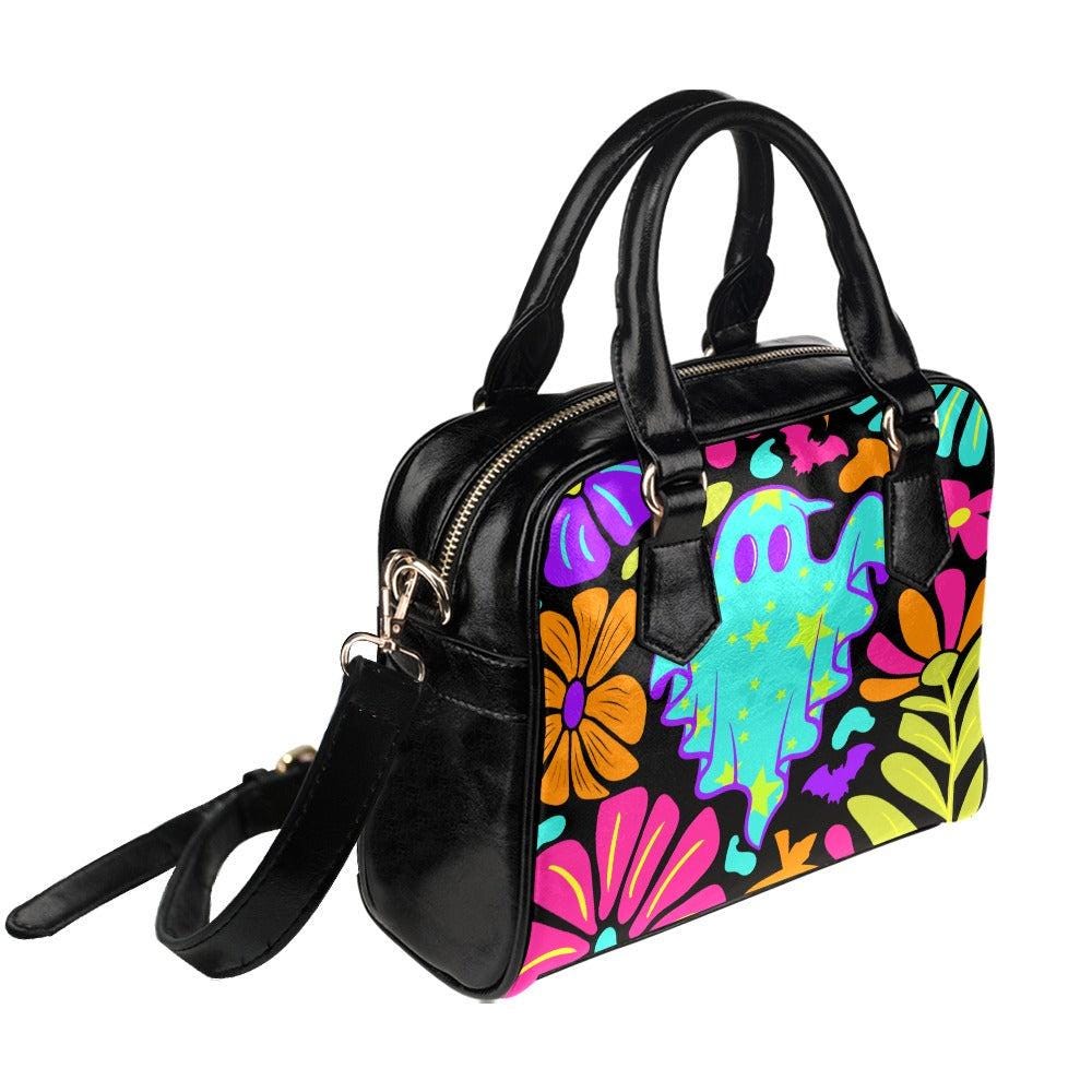 Neon ghost floral purse, psychedelic Halloween handbag, retro spooky satchel, trippy ghost crossbody bag, colorful witchy shoulder purse