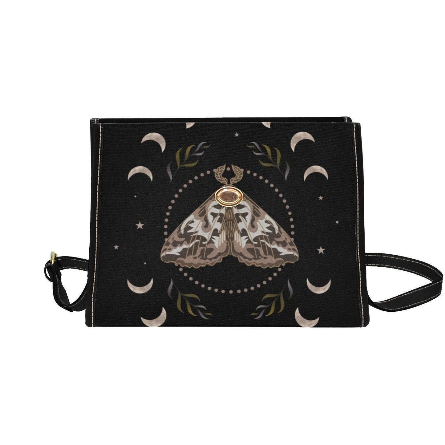 Lunar witch moon phase bag, celestial moth canvas purse, gothic mystic shoulder satchel, alt girl spiritual crossbody gift idea