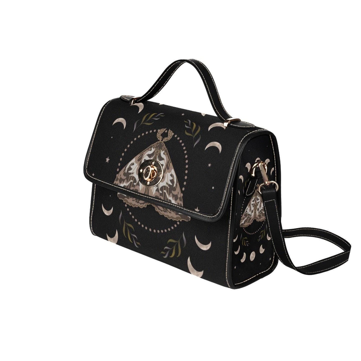Lunar witch moon phase bag, celestial moth canvas purse, gothic mystic shoulder satchel, alt girl spiritual crossbody gift idea
