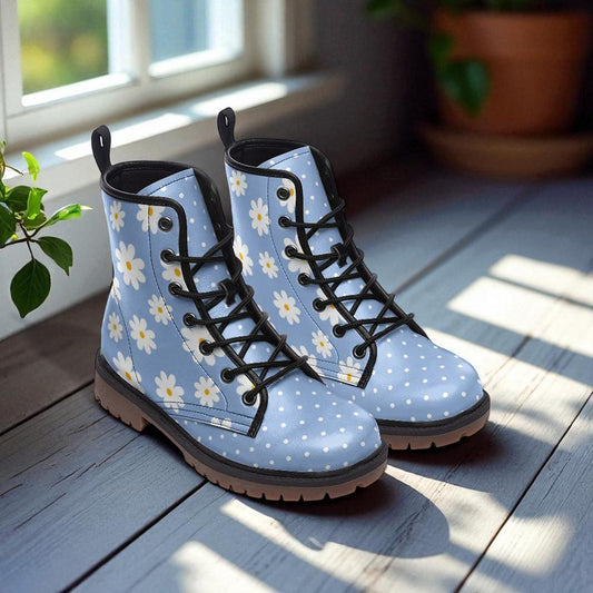 Blue daisy combat boots, cottagecore floral lace up shoes, pastel daisy ankle boots, whimsical flower festival footwear, polka dot boots