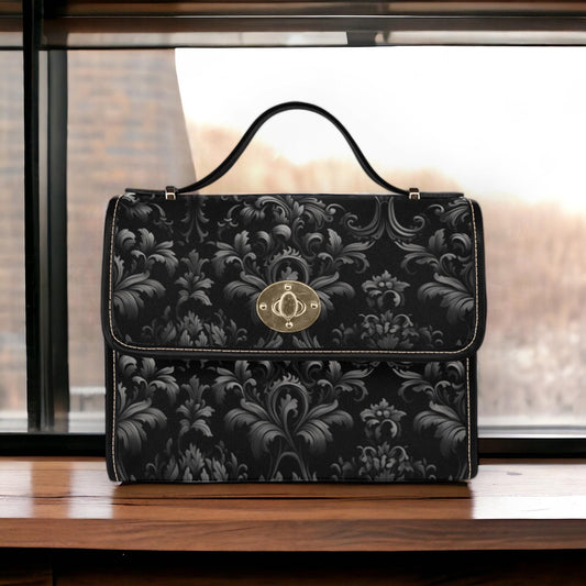 a black purse sitting on top of a window sill