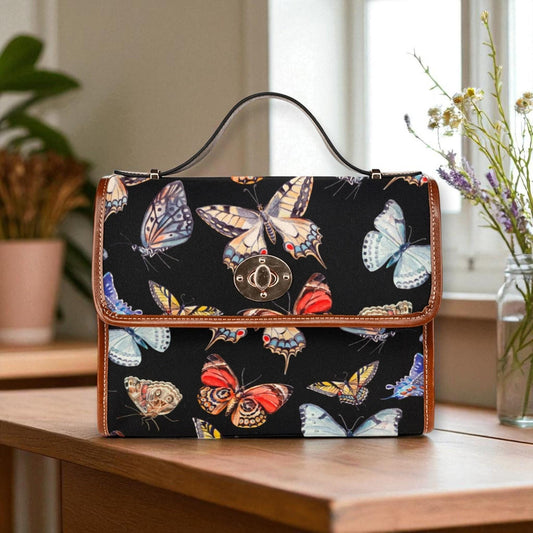 Butterfly Print Crossbody Purse with Brown Trim, Cottagecore Shoulder Bag for Fairy Aesthetic, Colorful Insect Satchel, Whimsical Gift