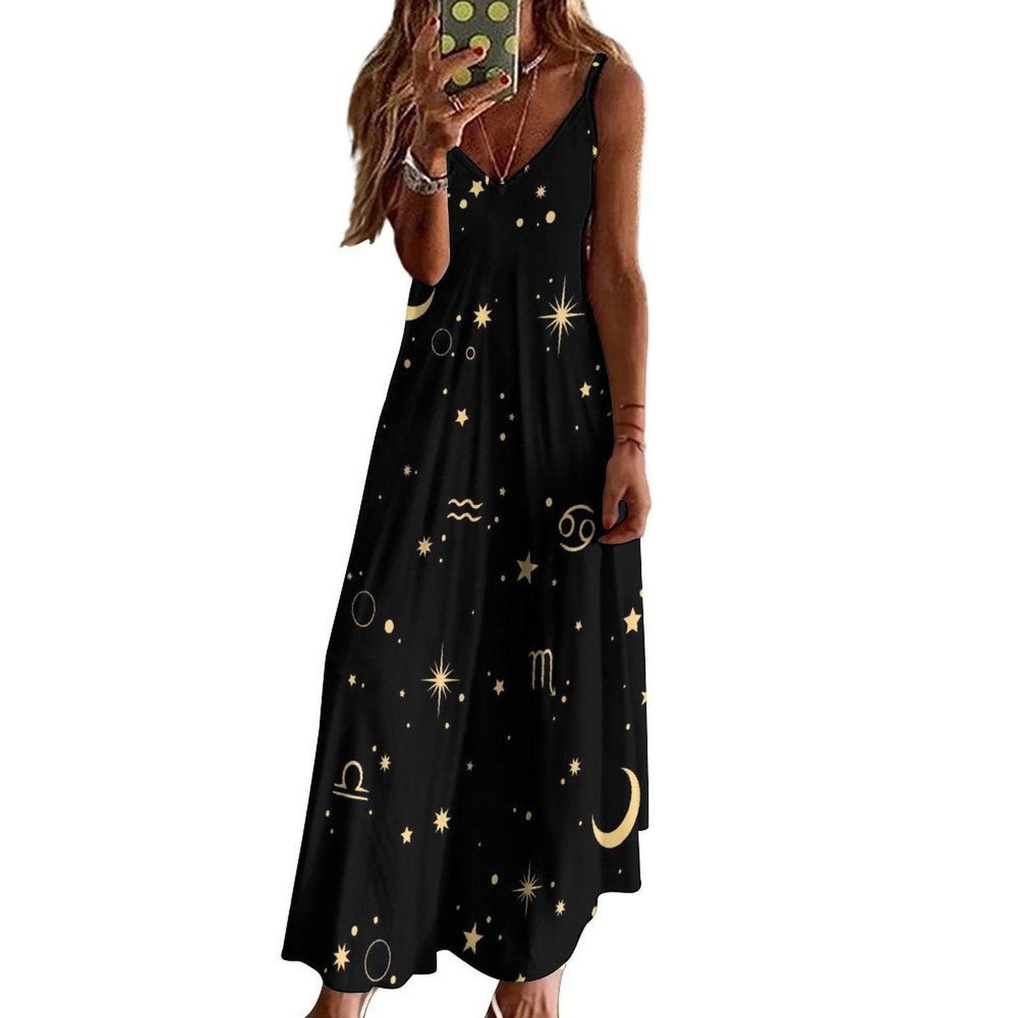 Zodiac Print Maxi Dress, Astrology Boho Clothing, Celestial Horoscope Dress, Witchy Summer Slip Dress, Moon Star Spiritual Aesthetic
