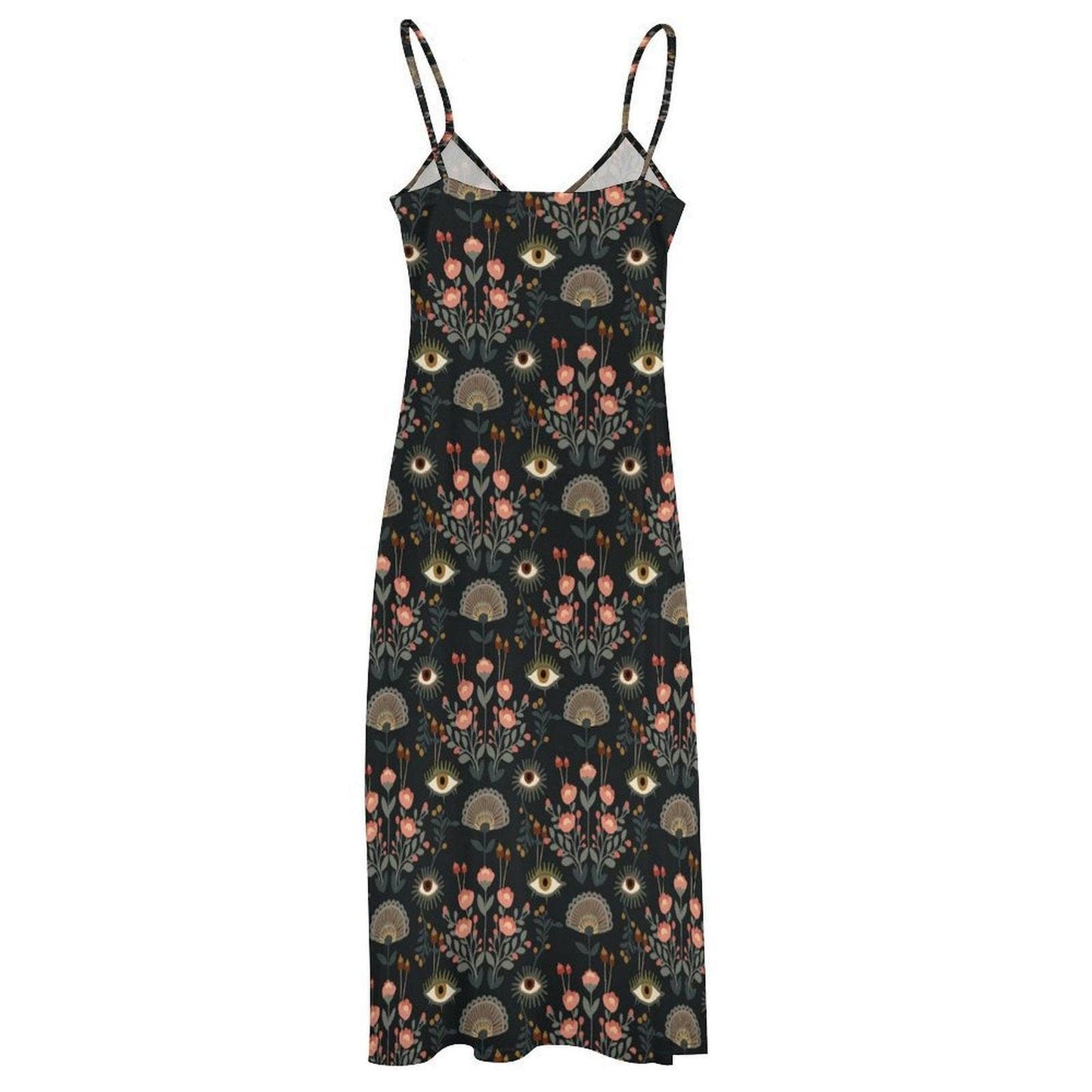 Mystic eye floral dress, Occult botanical maxi gown, Boho tulip eye sundress, Esoteric black summer outfit, Witchy folkcore fashion