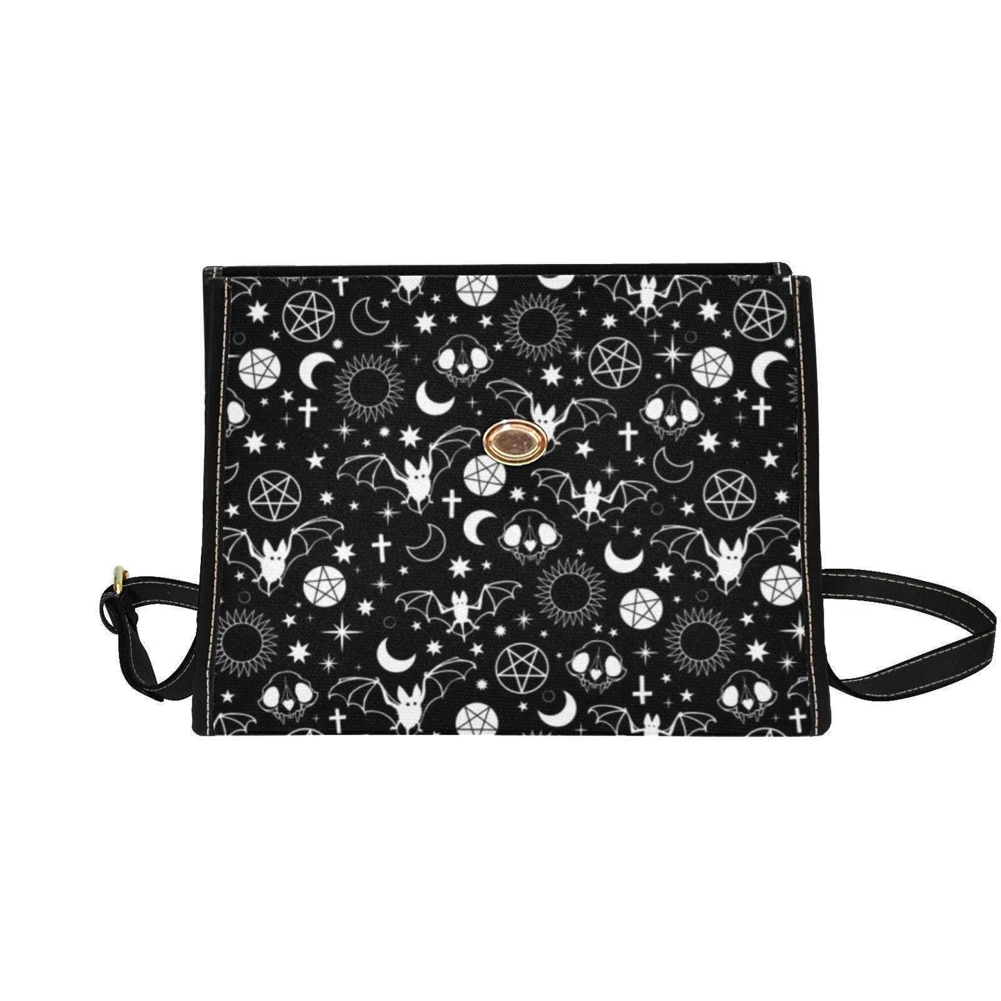 Celestial bat shoulder bag, goth moon print canvas purse, occult skull crossbody satchel, witchy pentacle aesthetic, spooky witch gift idea