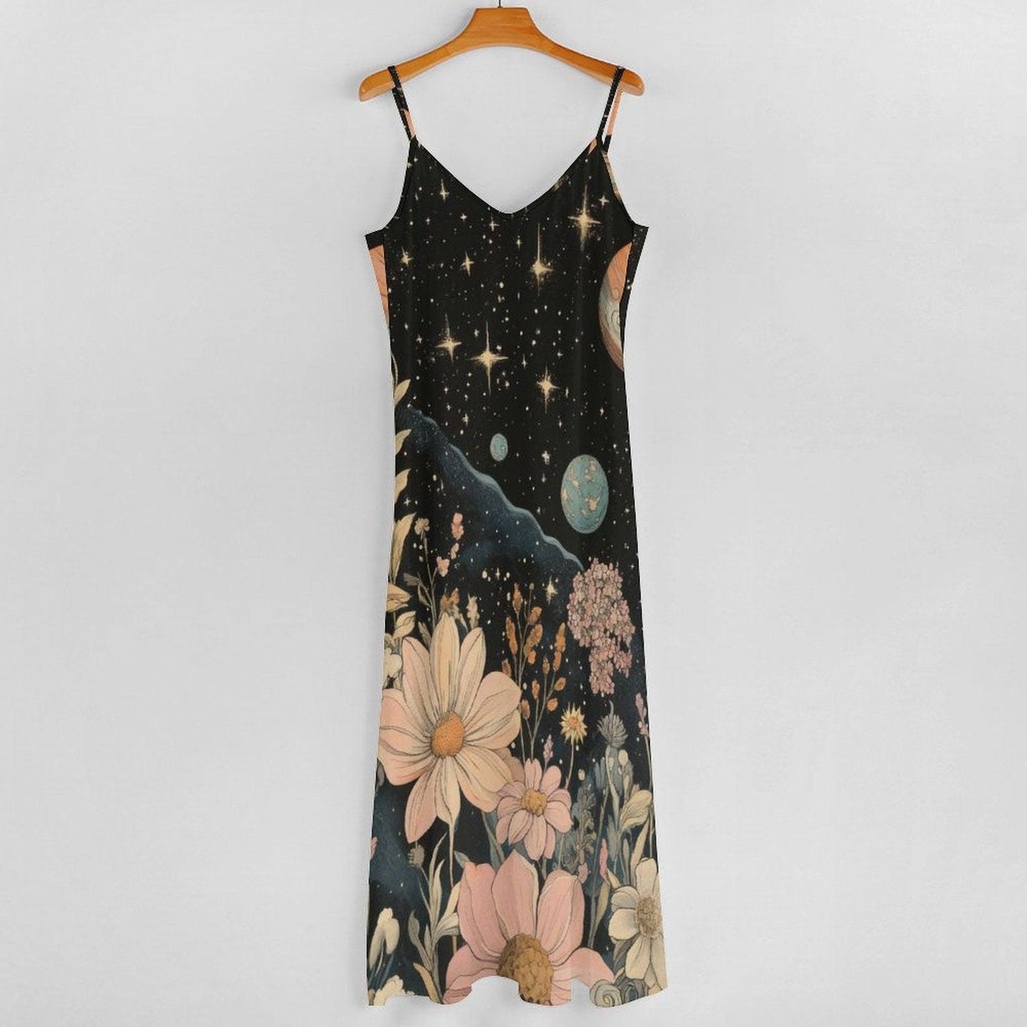 Cosmic flower garden dress, Galaxy print maxi sundress, Celestial night floral outfit, Starry witchcore boho gown, Moon and daisies design