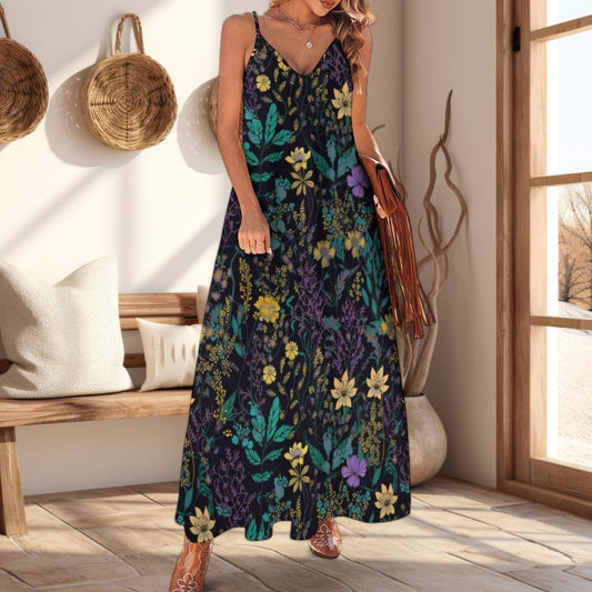Dark botanical maxi dress, enchanted garden sundress, floral cottagecore long dress, bohemian wildflower outfit, whimsical summer maxi dress