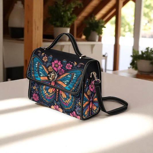 Psychedelic butterfly shoulder bag, colorful floral canvas purse, whimsigoth crossbody satchel, vibrant alt fairycore gift idea