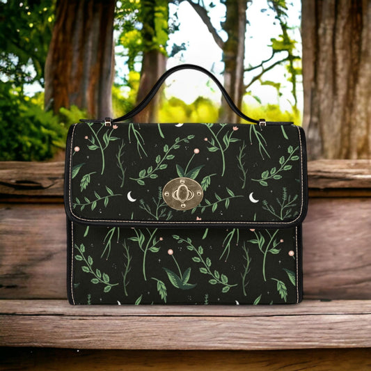 a black and green bag sitting on top of a wooden bench
