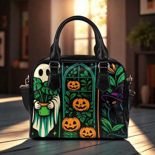 stained glass halloween purse, witchy ghost crossbody bag, retro pumpkin patch satchel, haunted black cat handbag, spooky festival retro bag