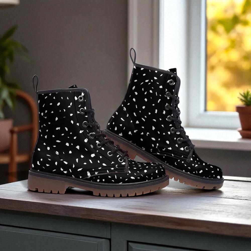 Terrazzo Print Combat Boots, black white festival shoes, witchy streetwear footwear, grunge hiking boots for her, goth winter ankle boots