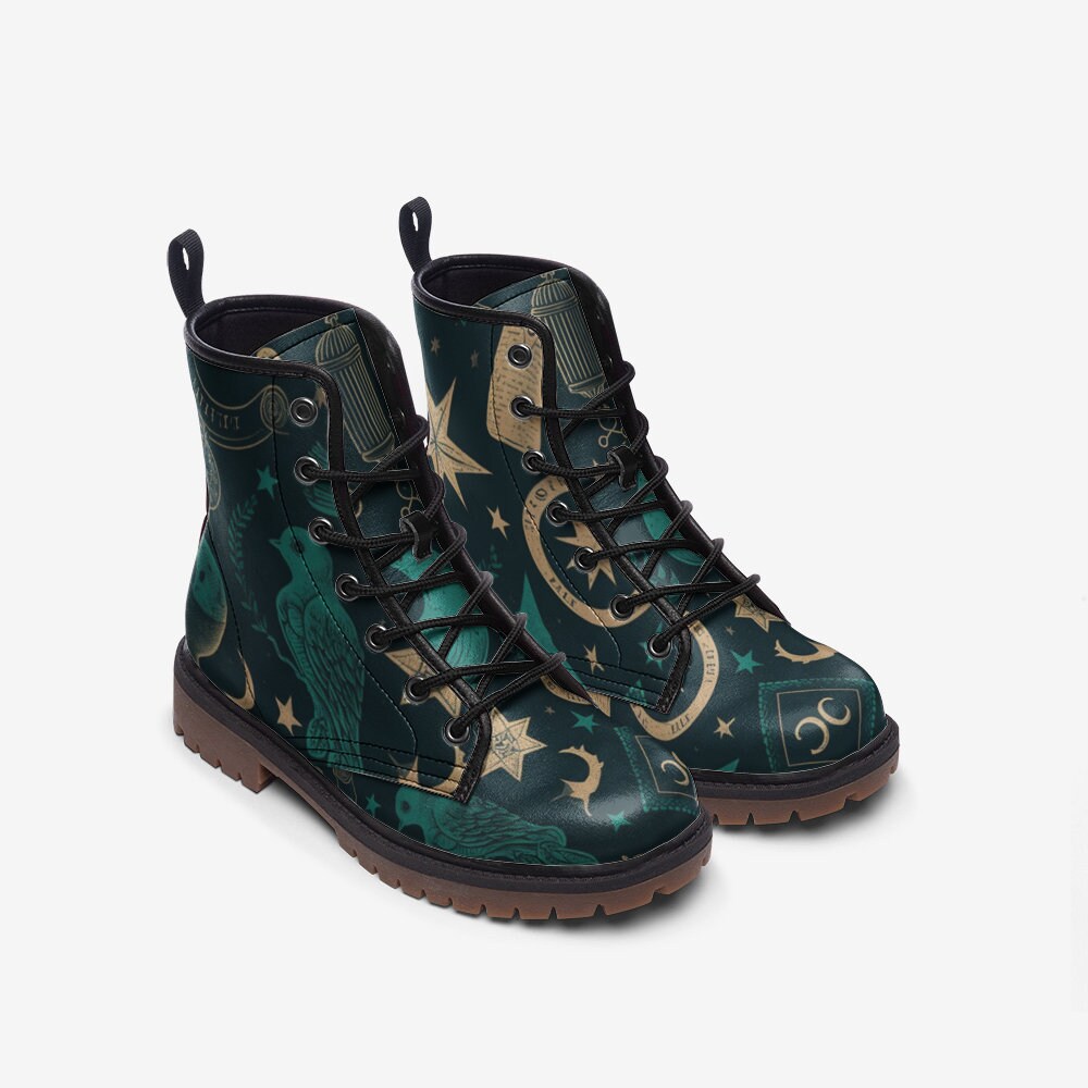 Mystic raven combat boots, enchanted bird lace up shoes, celestial raven footwear, forest night ankle boots, witchy raven festival shoes