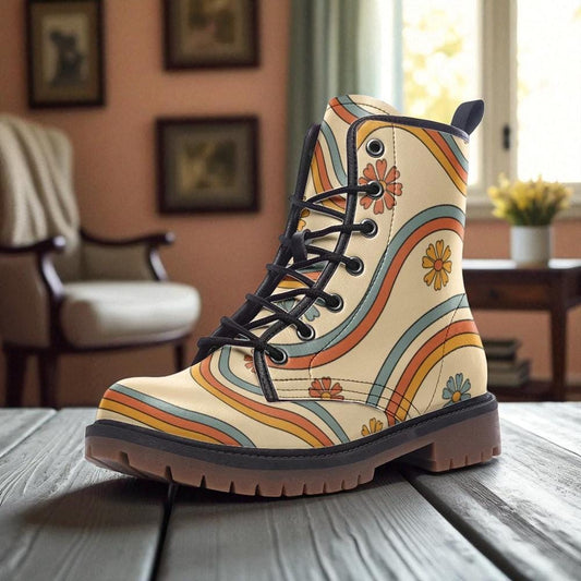 Retro Rainbow Combat Boots, 70s Floral Lace Up Boots, Vintage Hippie Aesthetic Shoes, Funky Festival Footwear, Colorful Boho Grunge Boots