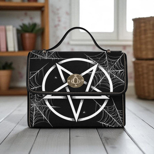 Pentagram crossbody bag, gothic spiderweb purse, witchy black handbag, spooky structured satchel, dark aesthetic shoulder bag,occult fashion