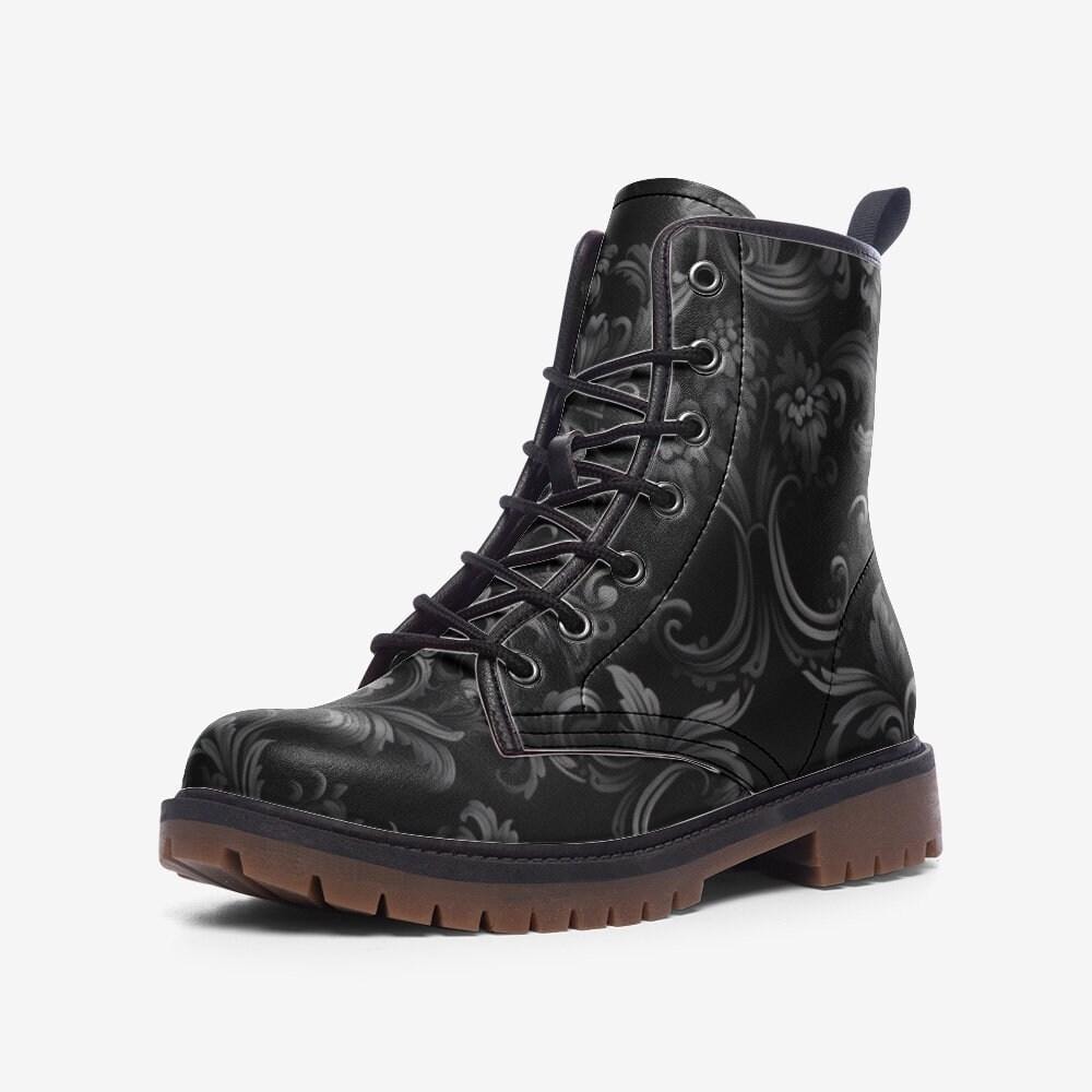 Black baroque floral boots, dark vintage lace up shoes, ornate pattern combat boots, elegant gothic style footwear,baroque print ankle boots