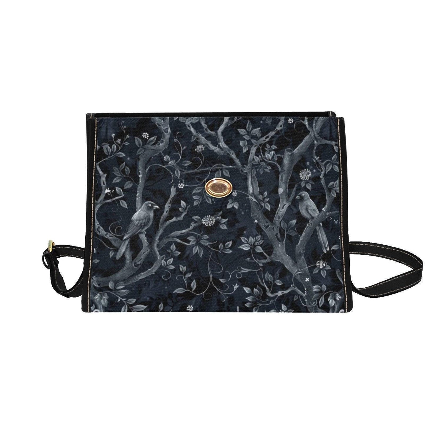 Gothic Satchel Bag with Raven and Forest Print, Witchcore Shoulder Bag for Dark Academia Aesthetic, Mystical Nature-Inspired Purse