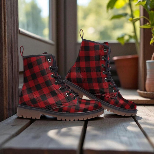 Red Plaid Combat Boots, punk tartan festival shoes, grunge alt girl footwear, dark academia fall boots, cozy cottagecore punk outfit shoes